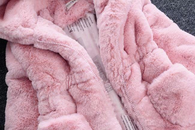 Pink hooded plush toddler jacket with front zipper and cozy padded look