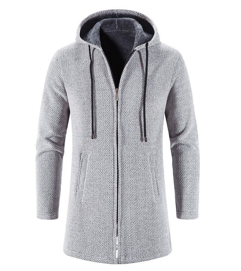 Men's light gray hooded zip cardigan coat with front zipper and side pockets