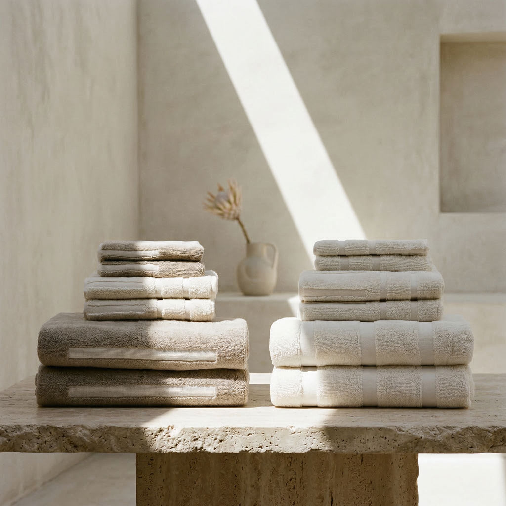 Australian cotton towels, neatly stacked cream and beige towels on a stone platform