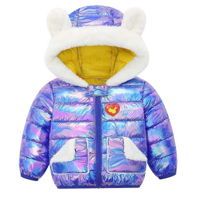 Kids hooded puffer coat in shiny blue-purple with white teddy-fleece hood trim, zip front
