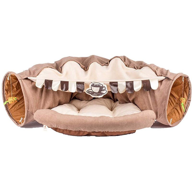 Brown cat tunnel tube set with striped canopy, plush bed, and two circular entrances