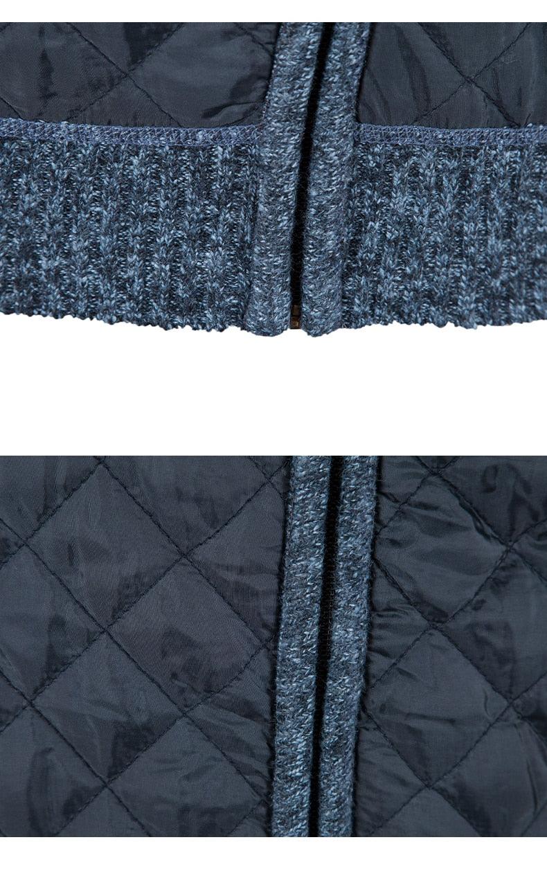 Men's quilted fleece jacket close-up: ribbed hem and center zipper in blue