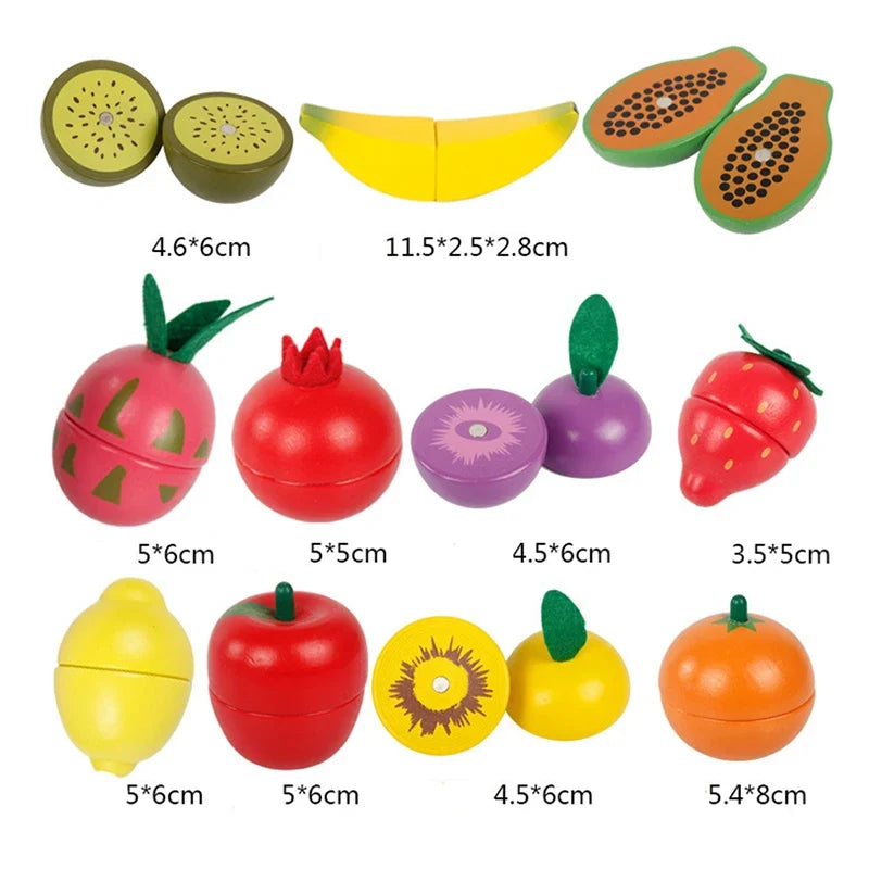 Colorful wooden toy fruit and vegetable pieces displayed with printed size markings