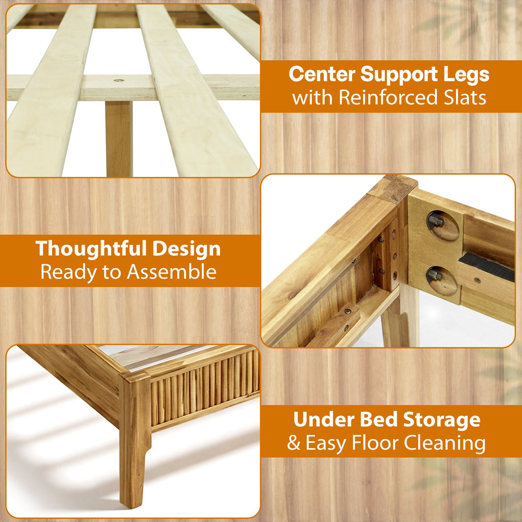 Light-colored wood bed frame with center support legs and slatted platform