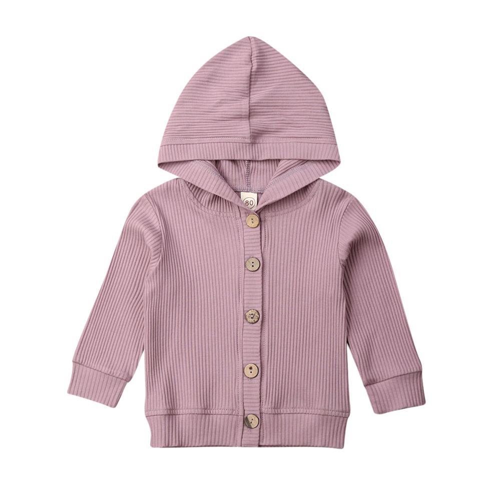 Infant hooded knit jacket with long sleeves, mauve purple, button front, ribbed hem