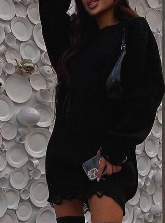 O-neck oversized mini knitted sweater dress, long sleeves, black with lace-trim hem