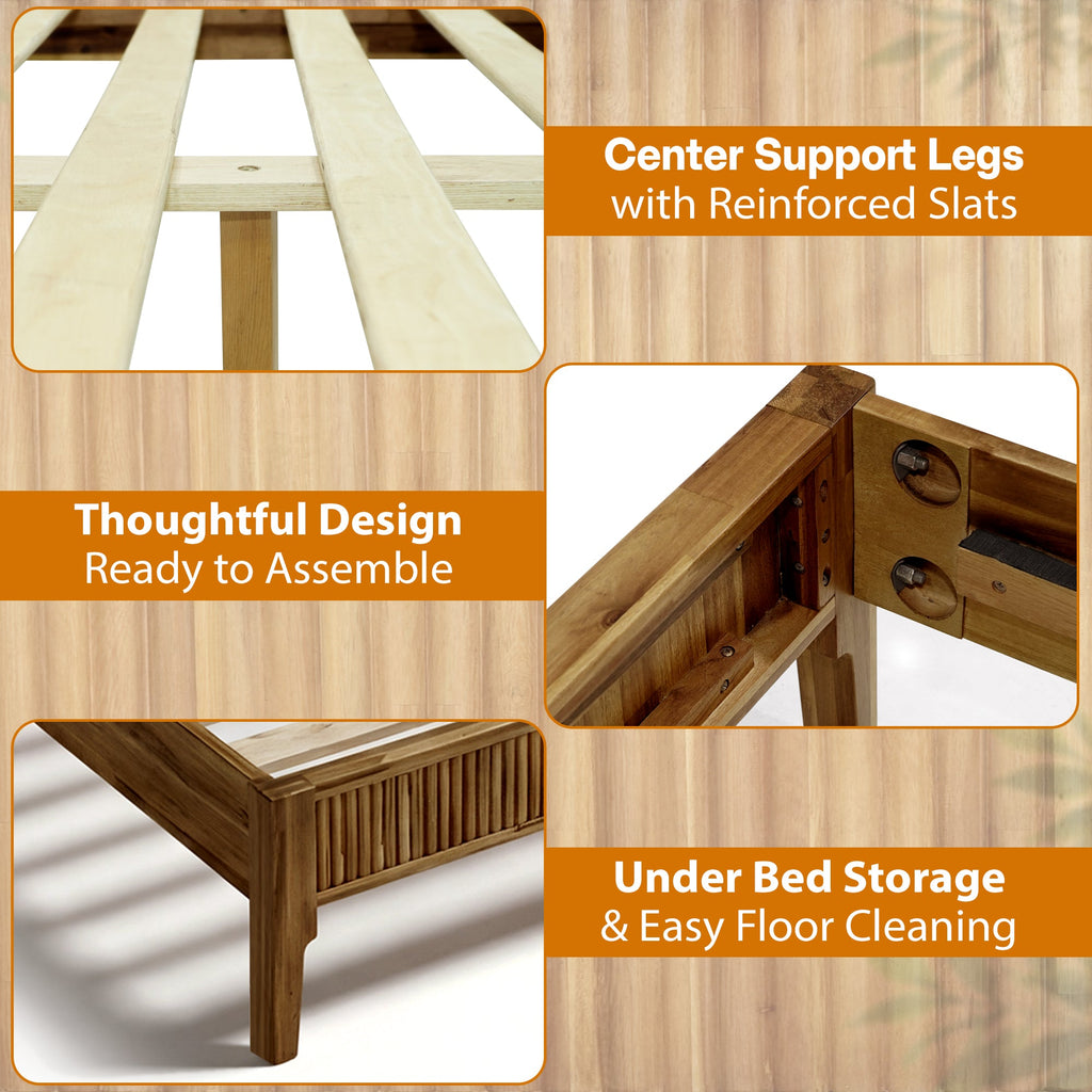 Solid wood bed frame corner detail with under-bed support legs and slatted base