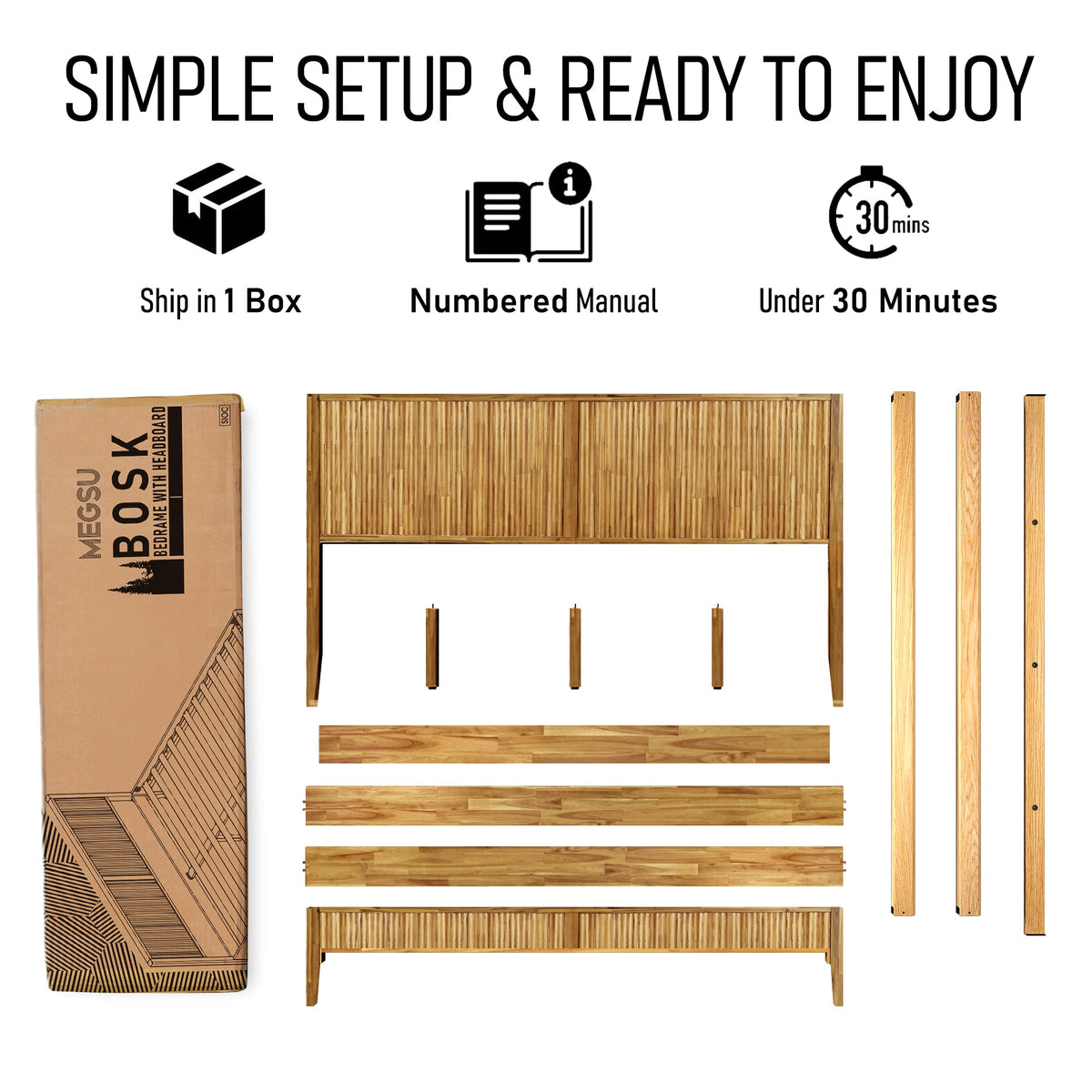 Light-colored wood bed frame kit parts: rails, slats, and support legs