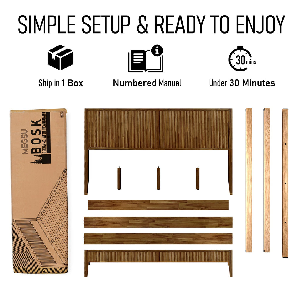 Solid wood bed frame assembly parts with slatted headboard and side rails