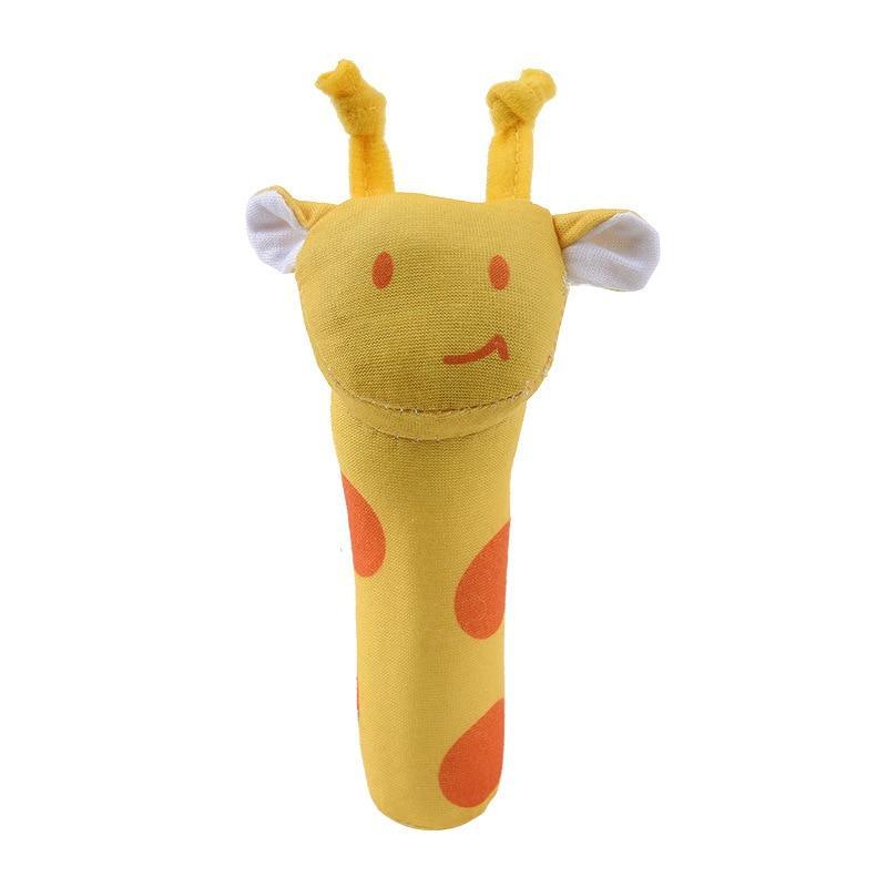 Yellow plush giraffe baby rattle with fabric ears and smiling face