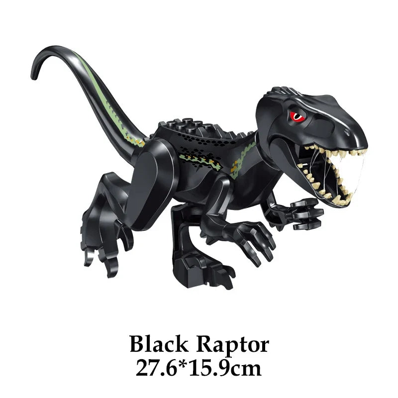 Black raptor dinosaur building block figure with red eye and open mouth