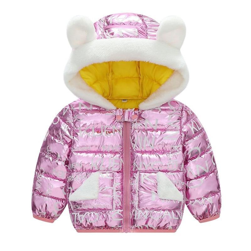 Kids hooded puffer coat in shiny purple-pink with white teddy-fleece hood trim, zip front