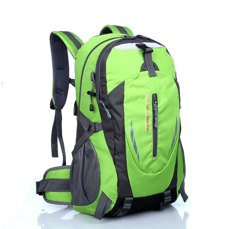 Water-resistant hiking backpack in neon green and black with front zipper and padded shoulder straps
