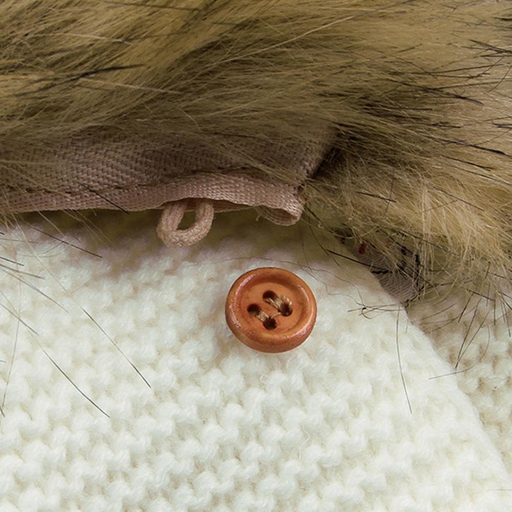 Newborn jacket close-up: brown buttons and tan faux-fur trim on textured knit