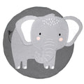 Round baby animal play mat with elephant face and ears, gray and light gray.