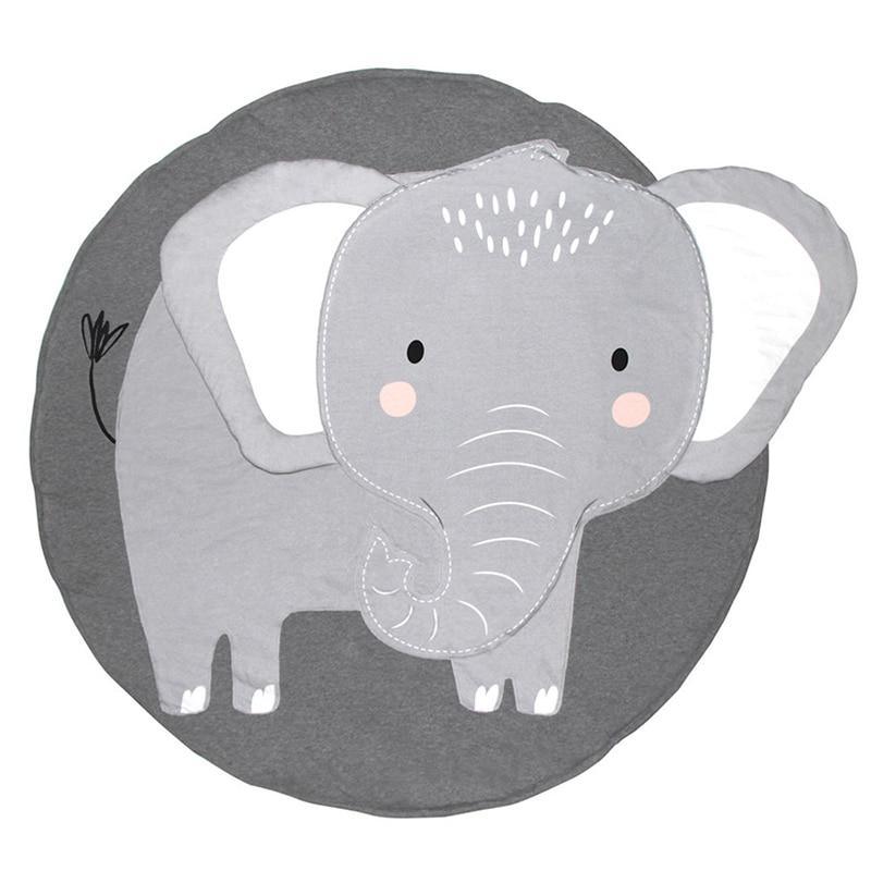 Round baby animal play mat with elephant face and ears, gray and light gray.