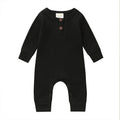 Black newborn long-sleeve ribbed romper with button placket and snap leg openings
