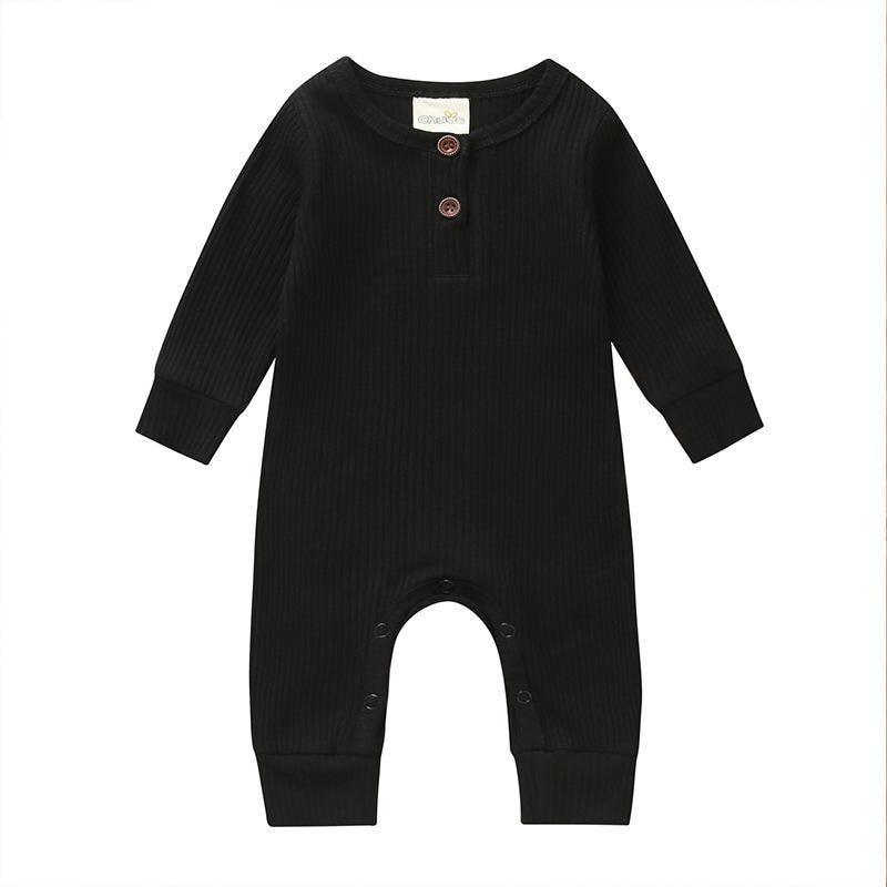 Black newborn long-sleeve ribbed romper with button placket and snap leg openings