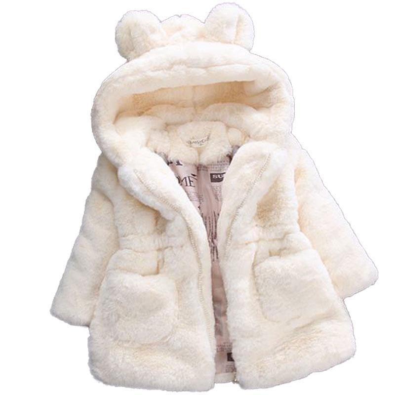 Cream hooded faux-fur jacket for kids with bear ears, full-zip front, cozy lining