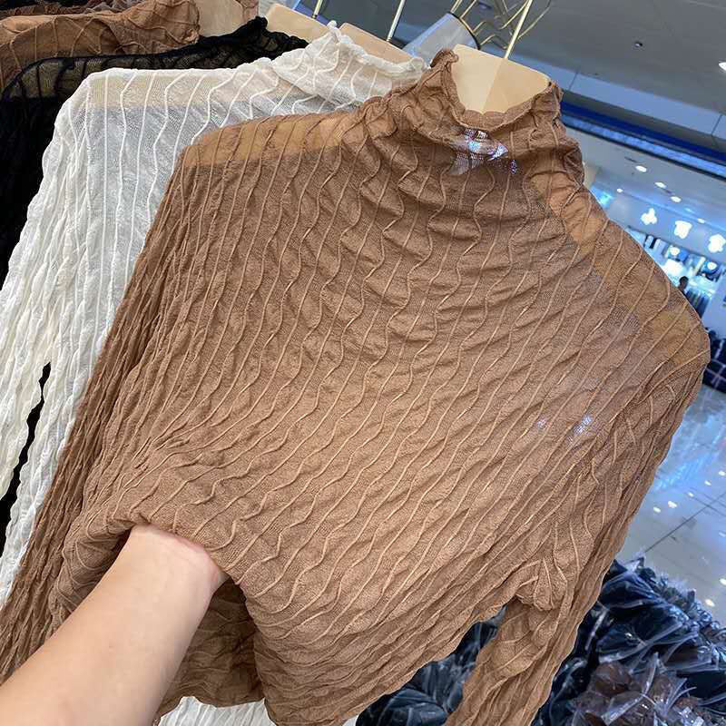 Brown lace mesh high-collar long-sleeve fitted top with ruffled neckline