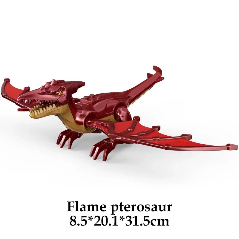 Red dinosaur building block figure with tan jaw, open mouth, and long tail