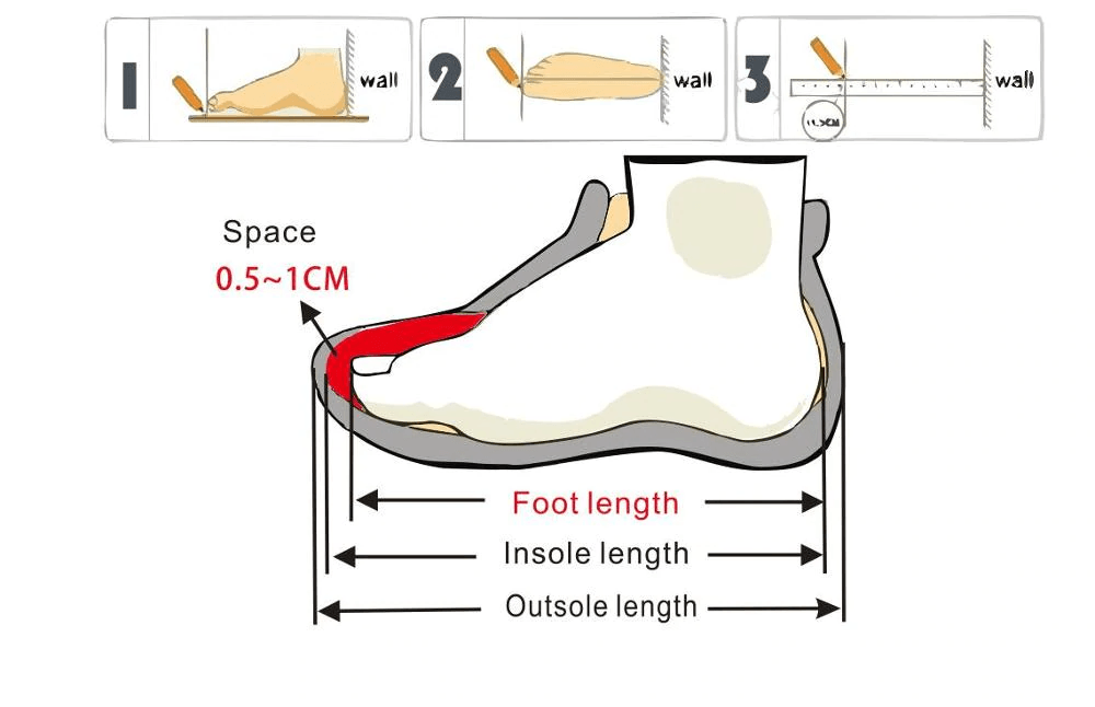 Sneaker size chart diagram showing foot length, insole length, and outsole length
