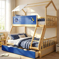 Kids bunk bed with navy blue front panel, natural wood frame, and side guard rails