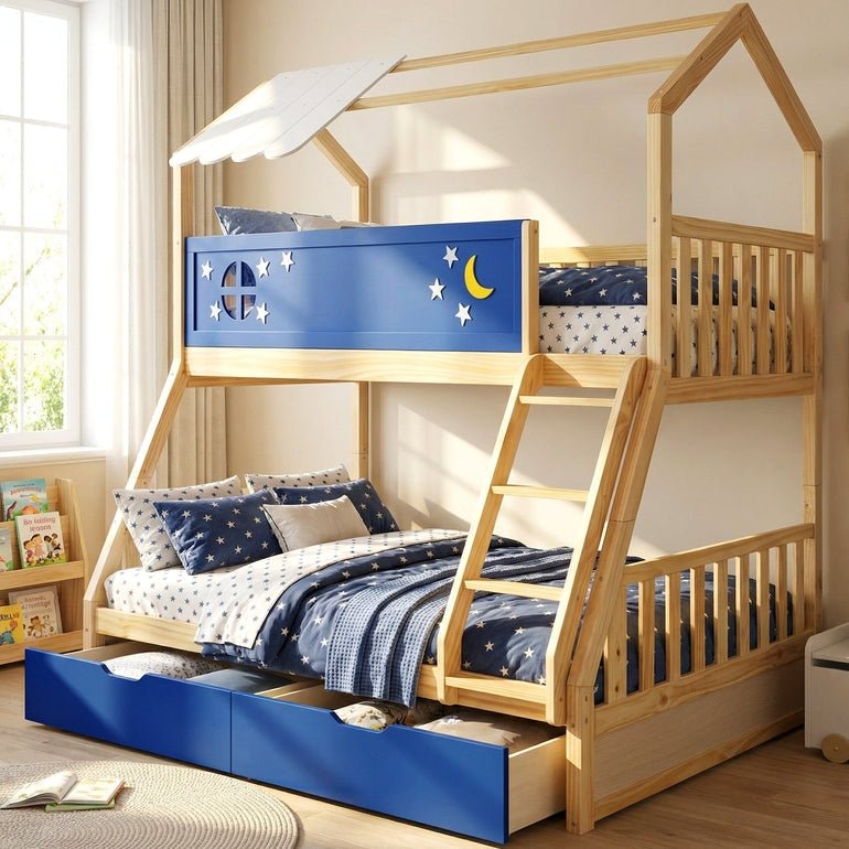 Kids bunk bed with navy blue front panel, natural wood frame, and side guard rails