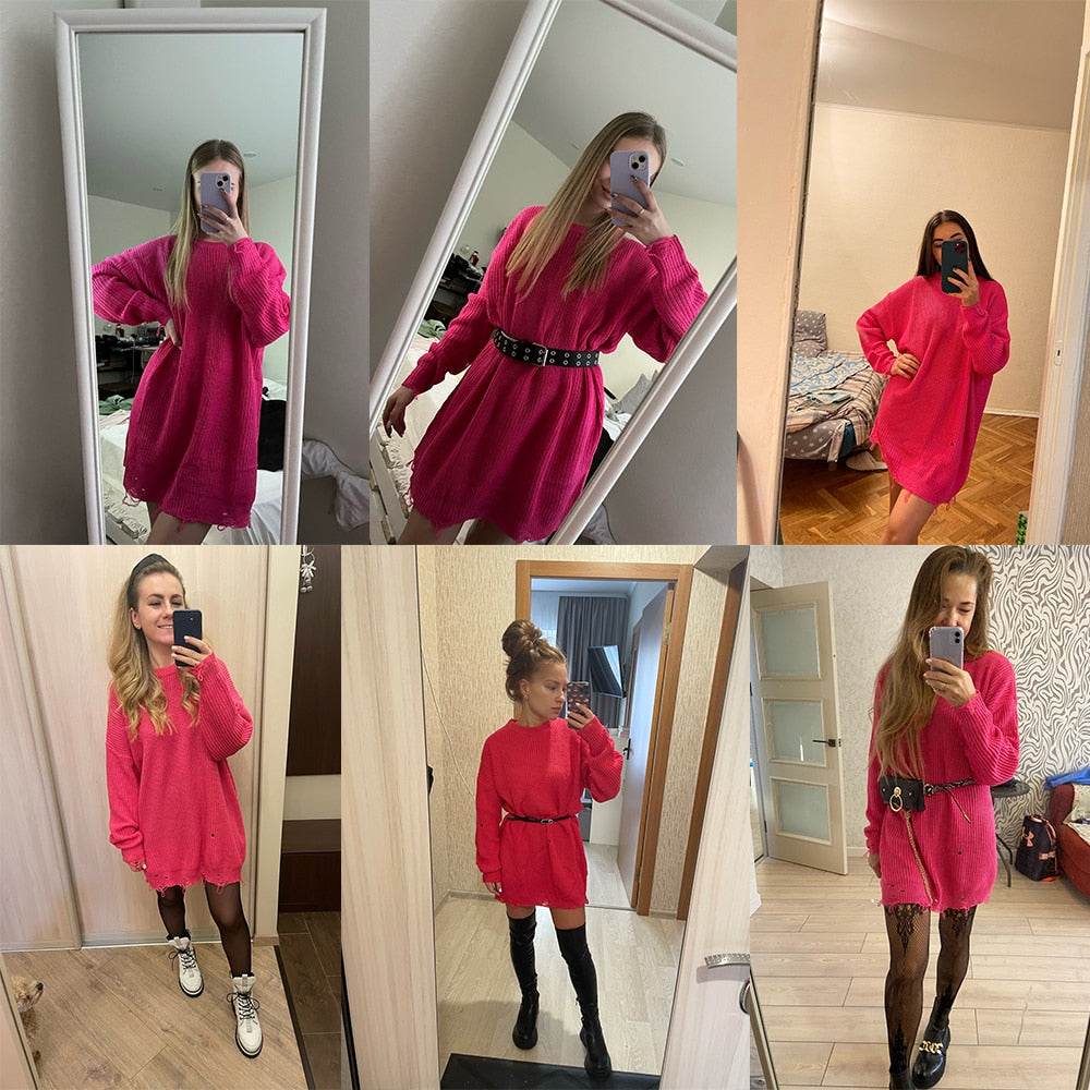 O-neck oversized mini knitted sweater dress, long sleeves, bright pink with belt loops