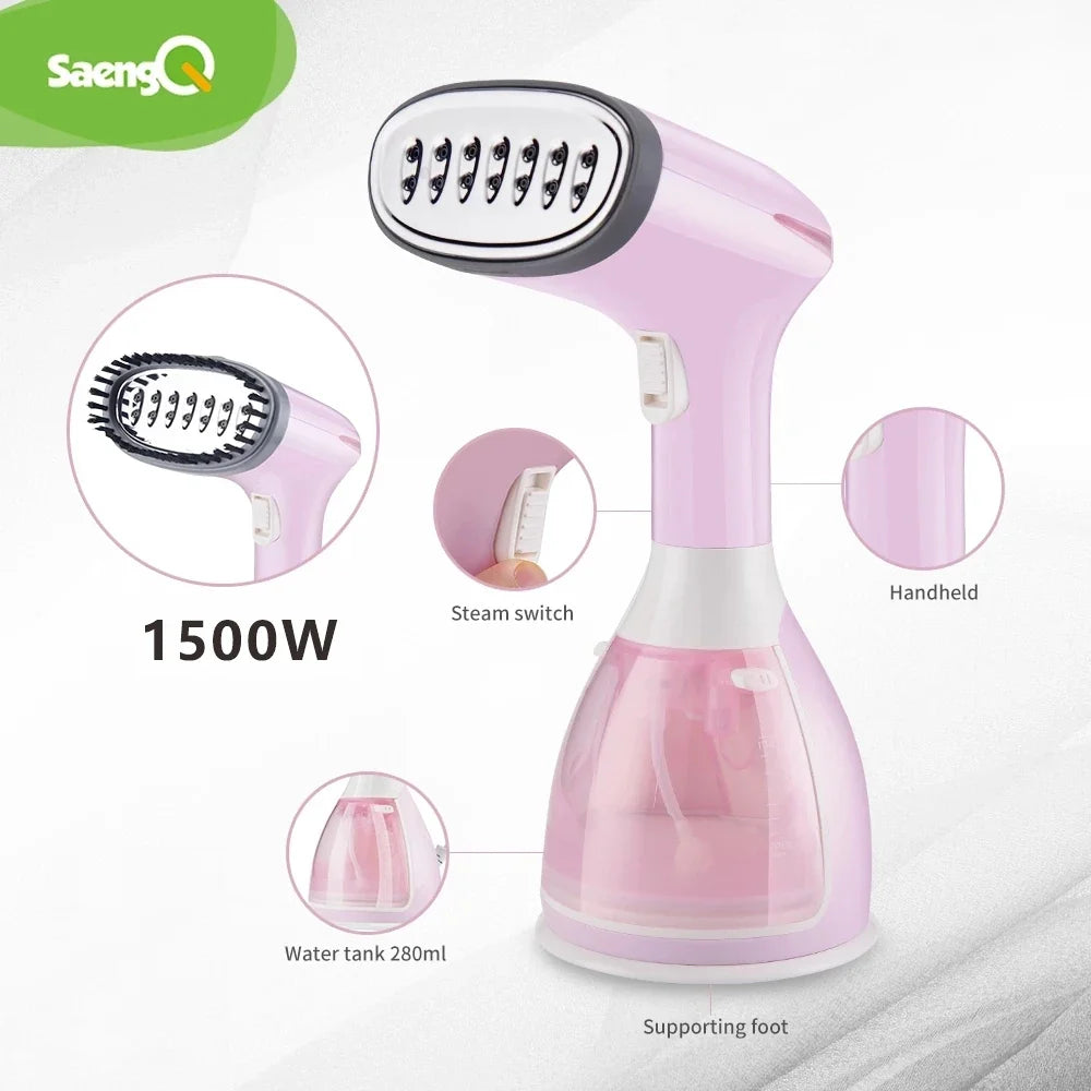 Handheld garment steamer in pink with steam outlet and supporting foot, front view