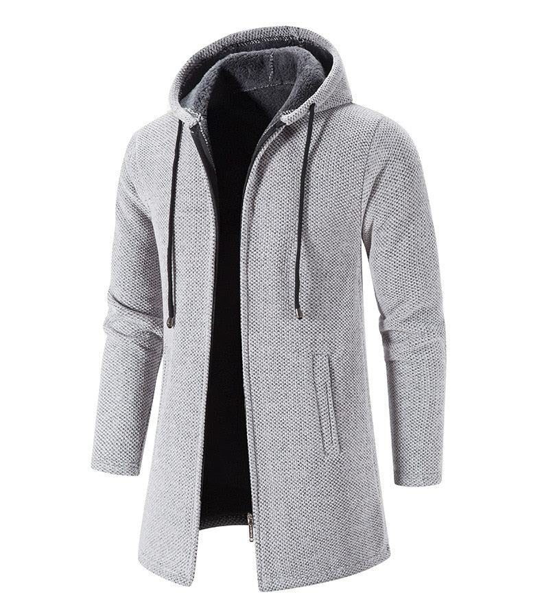 Men's light gray hooded zip cardigan coat with drawstring neckline, long sleeves