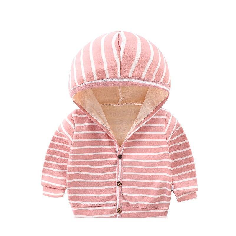Pink-and-white striped hooded baby cardigan with button front and beige-lined hood.