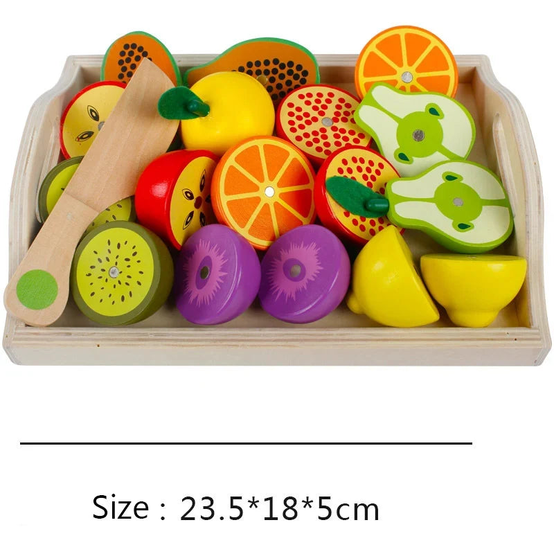 Wooden pretend play fruit and vegetable set with colorful cut pieces in a wooden crate