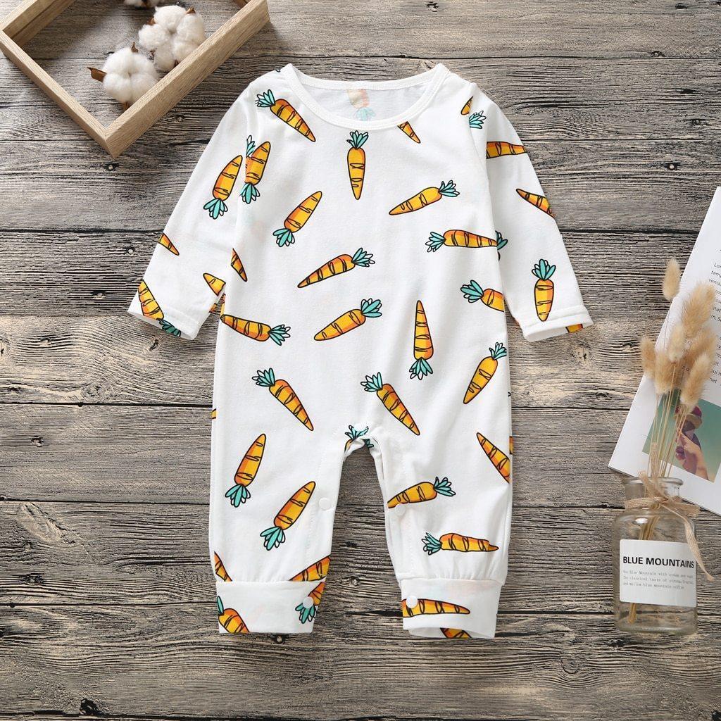 Newborn white carrot print long-sleeve romper with snap legs