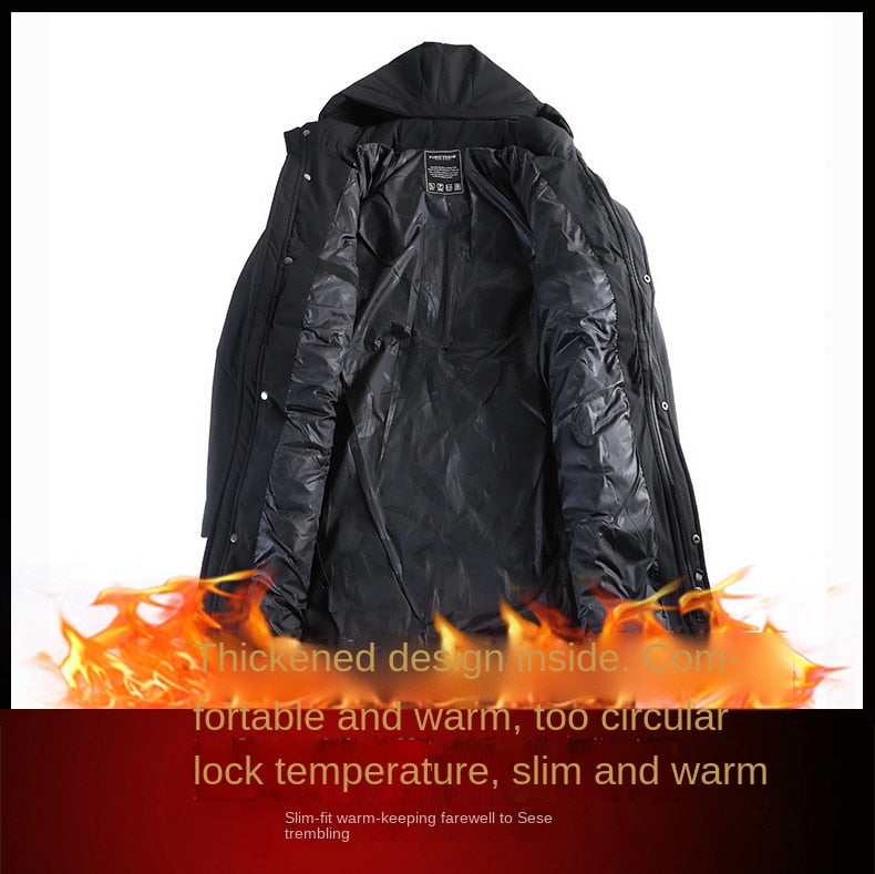 Men's longline parka windbreaker, black, hooded with button front and side pockets