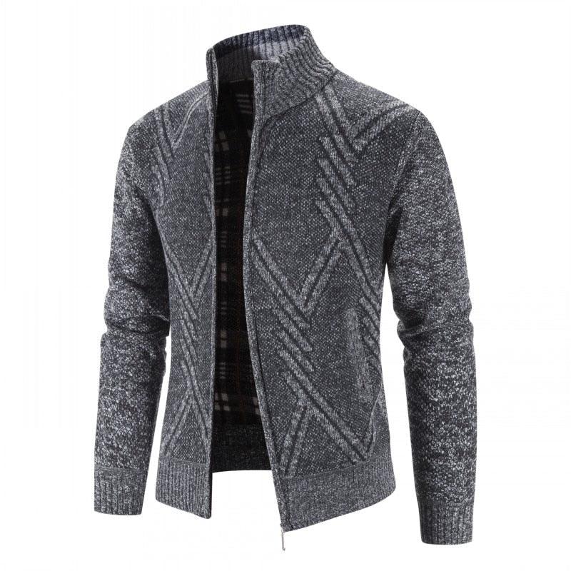Men's grey fleece zip jacket with stand collar, geometric pattern