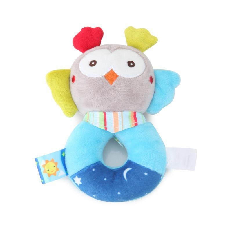 Gray owl plush baby rattle with multicolor beak and moon-sky belly ring