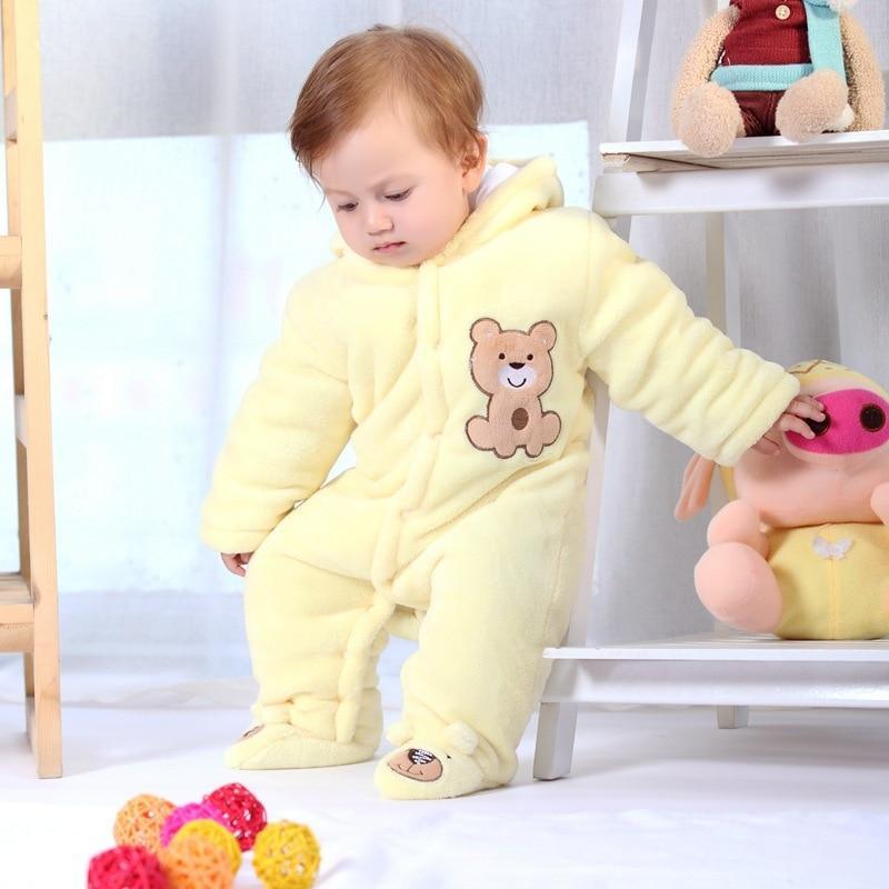 Yellow hooded plush romper with teddy bear face applique and matching footies
