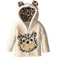 Infant plush hoodie jacket with leopard-face design, zip-front and bear-style ears hood