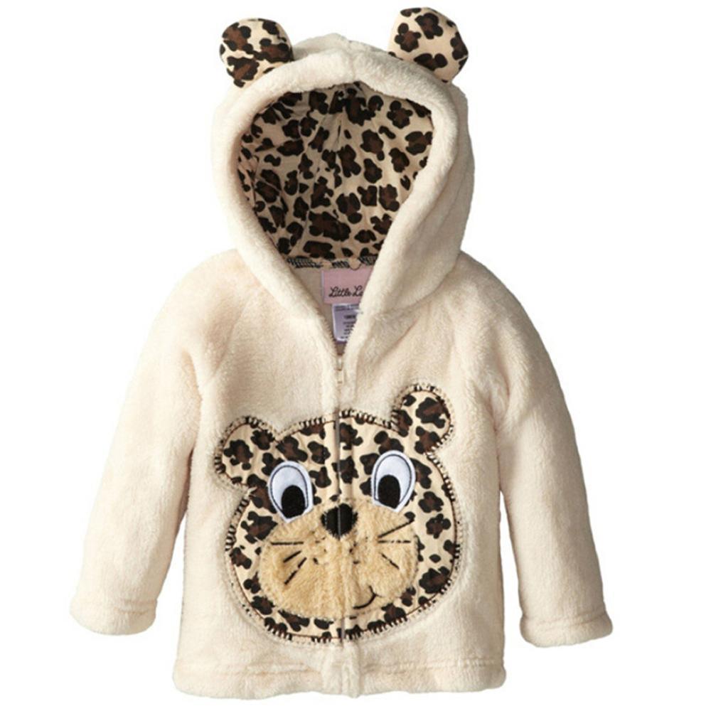 Infant plush hoodie jacket with leopard-face design, zip-front and bear-style ears hood