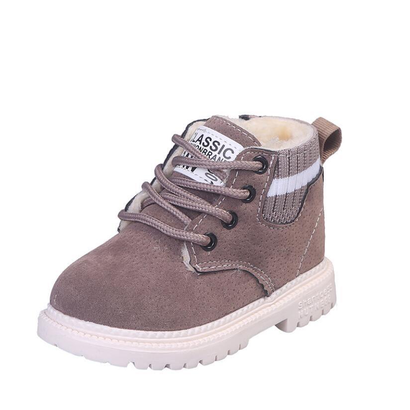 Kids grey suede winter boots with lace-up closure, striped collar, and fleece-lined cuff