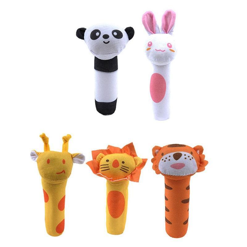 Cartoon plush baby rattle set with panda, bunny, tiger, and lion character designs