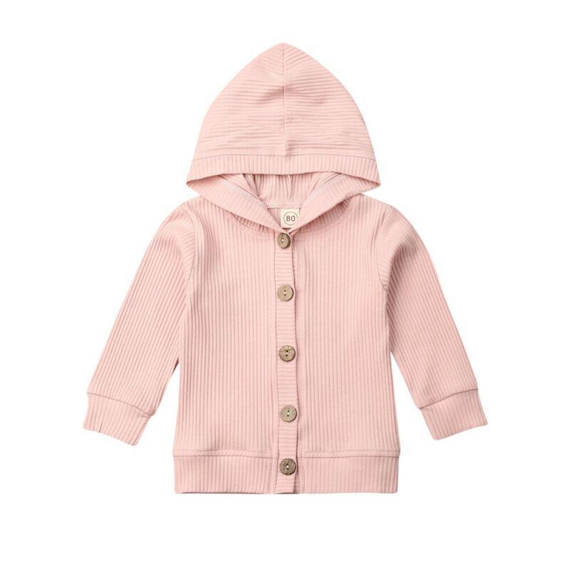Infant pink hooded knit jacket with long sleeves, button front, and ribbed cuffs