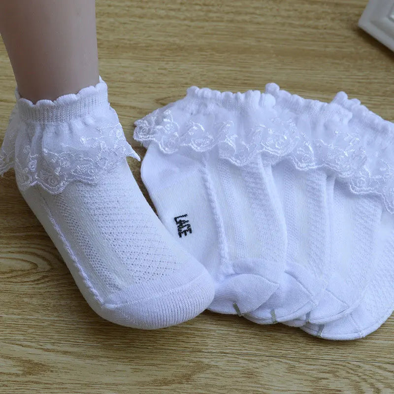 Set of two white lace ruffle ankle socks with breathable mesh and elastic cuff