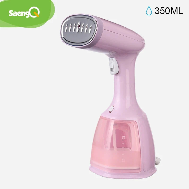 Pink handheld garment steamer with 350ml tank and steam nozzle head