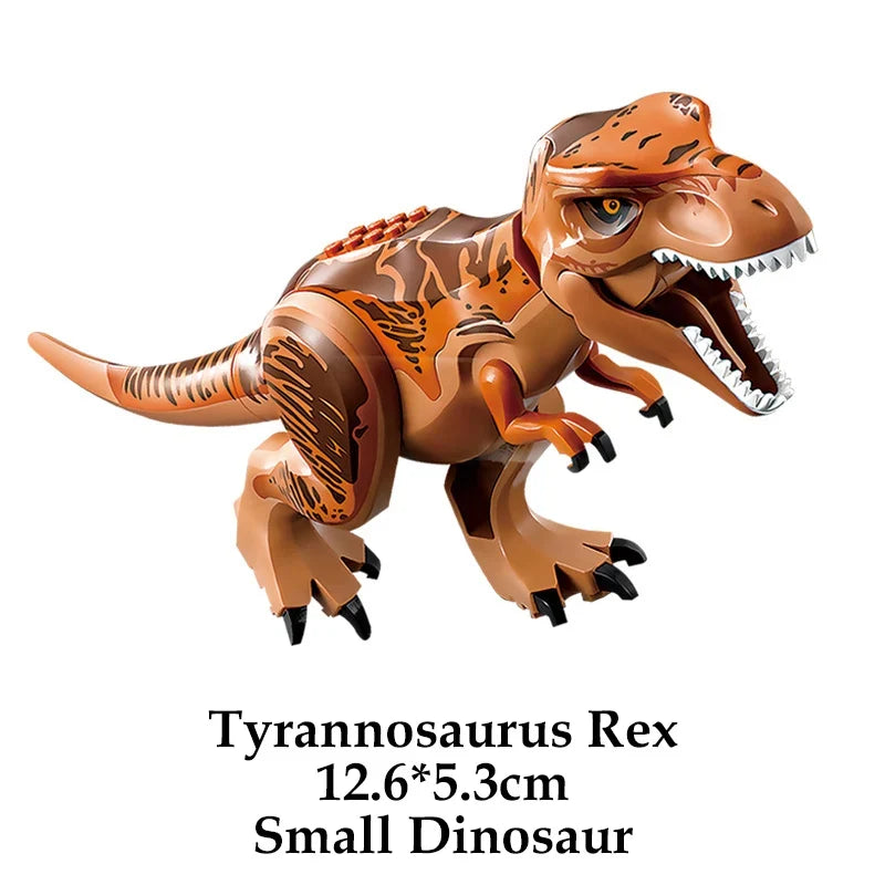 Orange Tyrannosaurus rex dinosaur building block figure with open mouth and claws