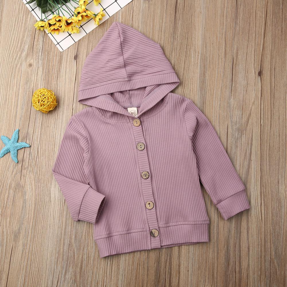 Infant hooded knit jacket with long sleeves, soft purple, button front, side seam details