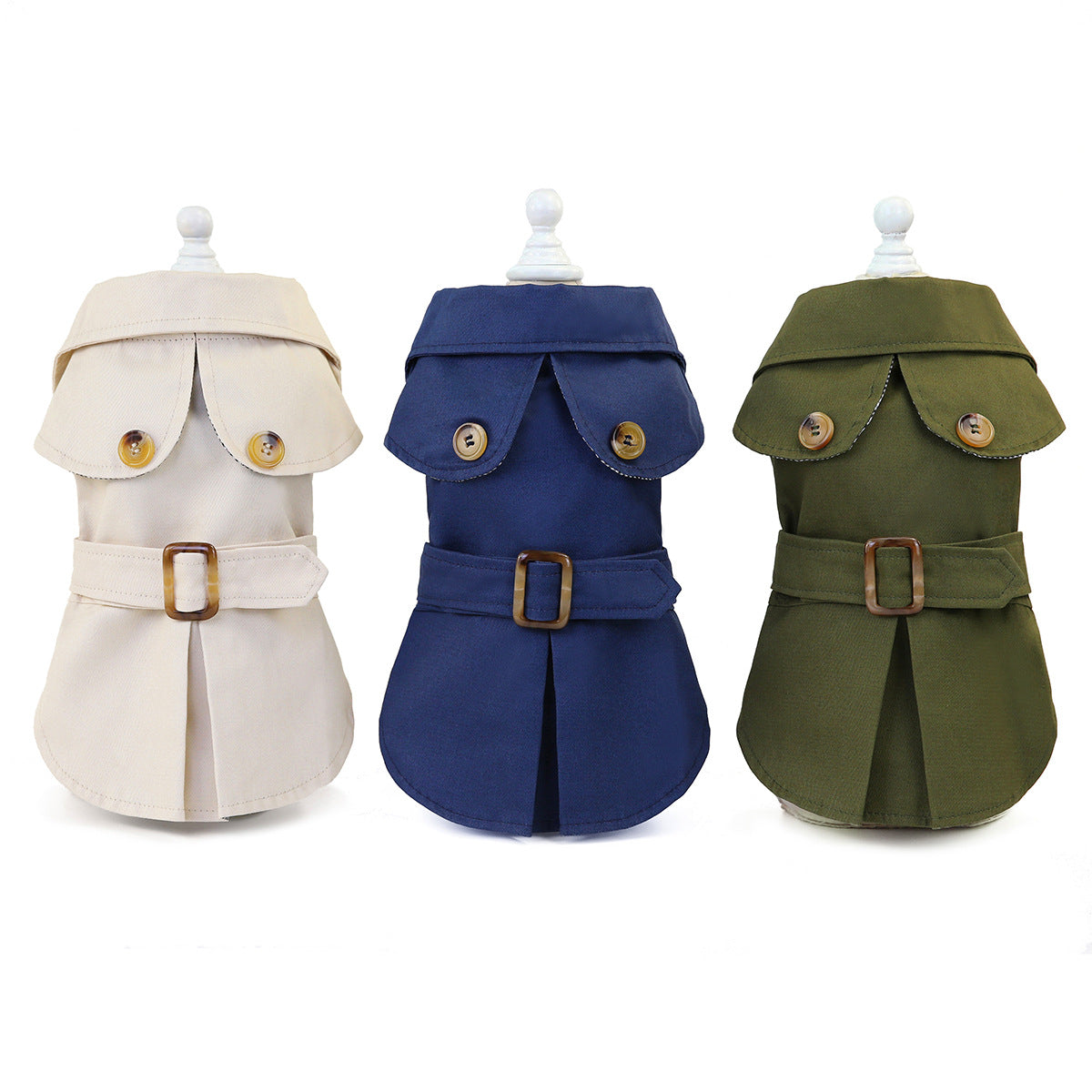 Pet jacket coats back view in beige, blue, and dark green, with hood and buckle belt