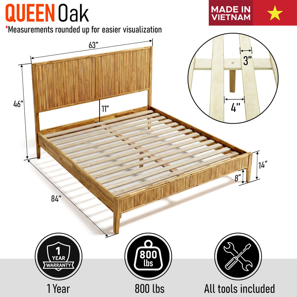 Queen solid wood bed frame diagram with slatted platform and vertical headboard
