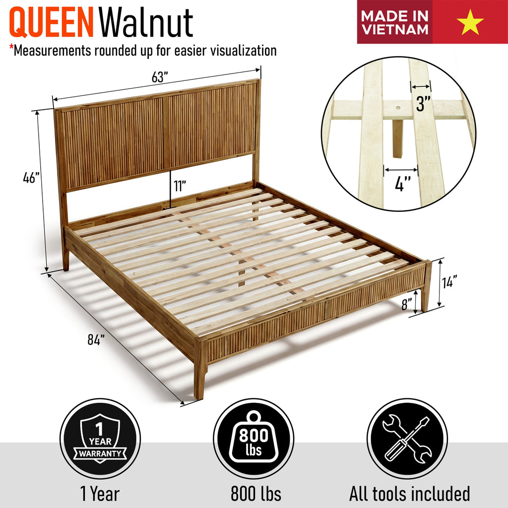 Walnut solid wood bed frame with vertical slat headboard and slatted mattress platform